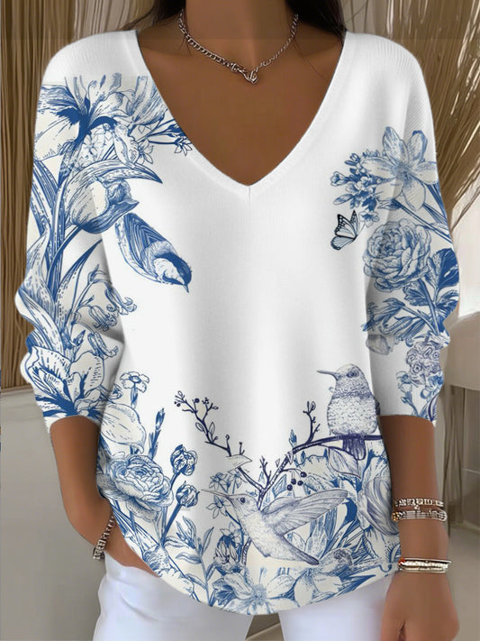 Dámské krásné modré květinové & ptačí tisk vkrk svetr