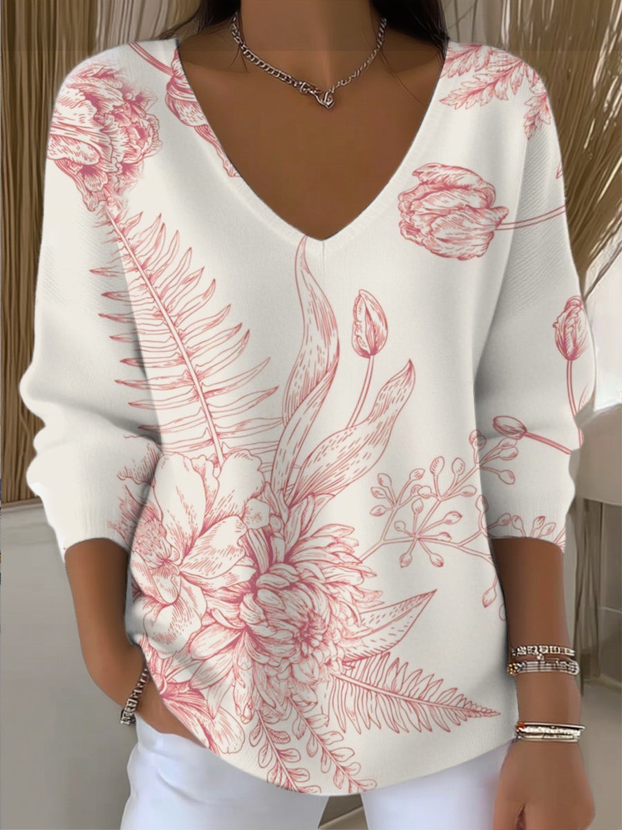 Dámské romantické růžové květinové tisk vkrk svetr