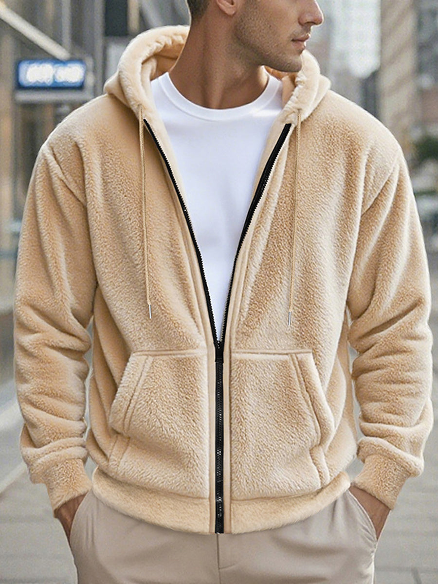 Pánské vintage zahuštěné doublefleece zips s kapucinou bunda