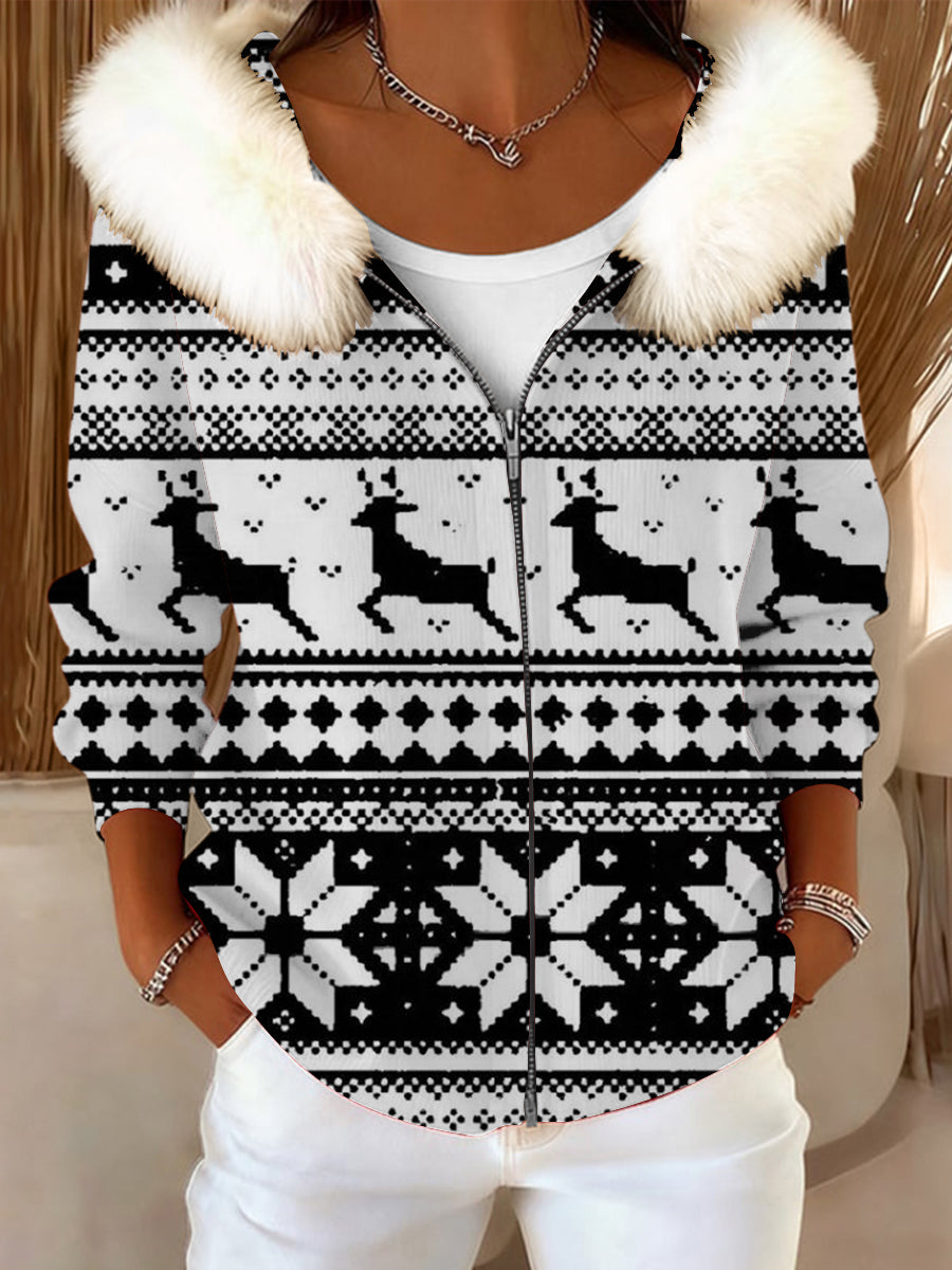 Dámské elegantní černébílé sobní kožešinový kabát