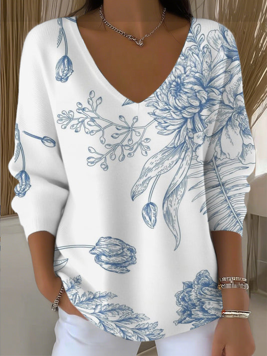 Dámské módní modré květinové tisk vkrk svetr