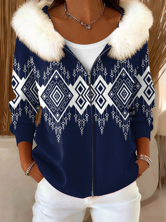 Ženské vintage etnické geometrické umění umělé kožešiny límec s kapucinou kabát