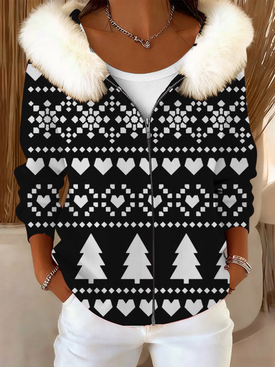 Dámské sladké srdce & strom tisk kožešinový obojek bunda