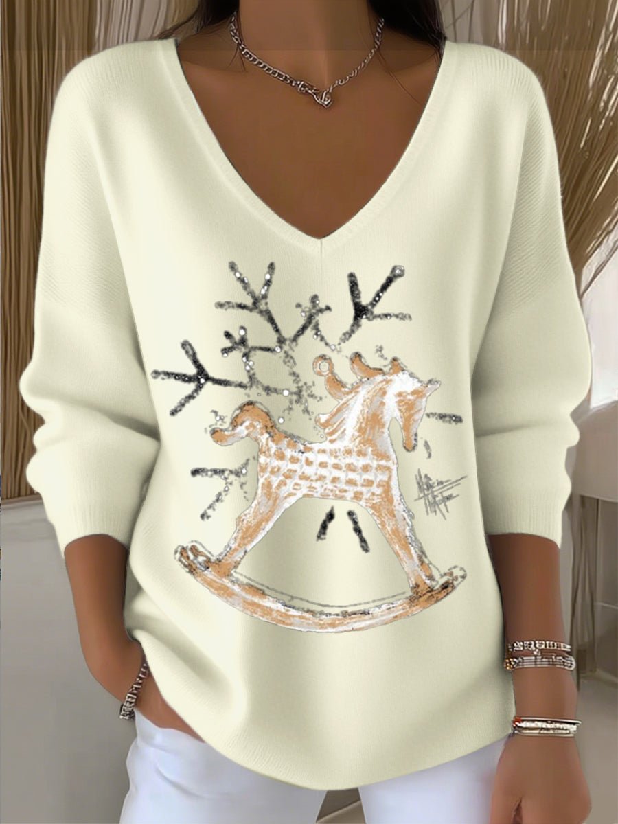 Dámské roztomilé houpající koně tisk vkrk svetr