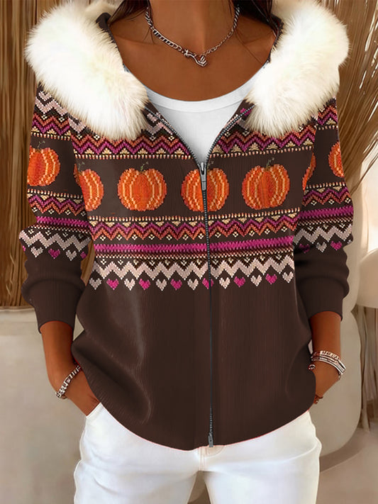 Dámské vintage fair isle umělecké fleecelemované kabát s kapucinou