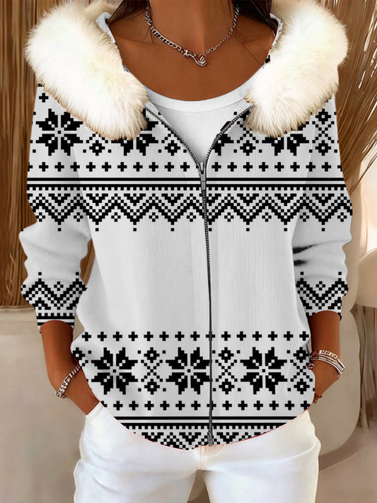 Dámské elegantní sněhová vločka tisk kožešinový kabát