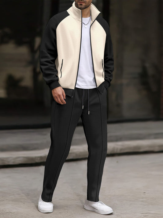 Pánské vintage wafleweave colorblock zipper stojancollar jacket set