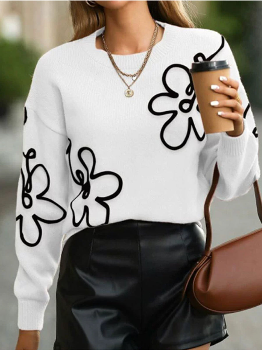 Dámské roztomilé květinové tisk posádky krku svetr