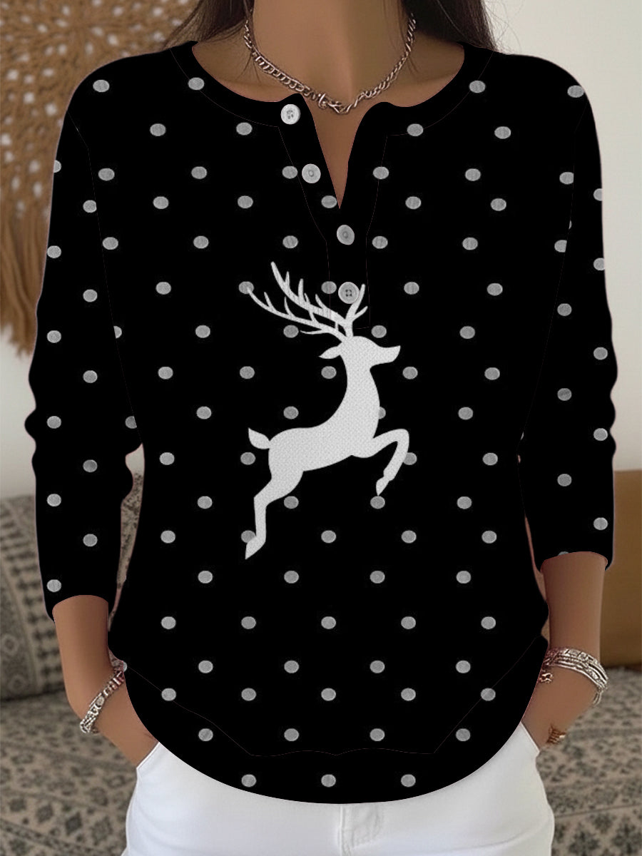 Dámské stylové polka dot sob print henley svetr