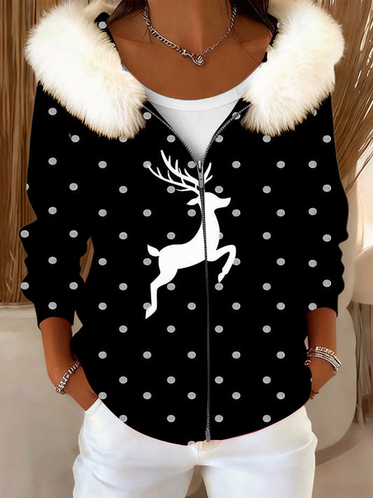 Dámské vánoce černá polka dot sob print kožešina golier bunda