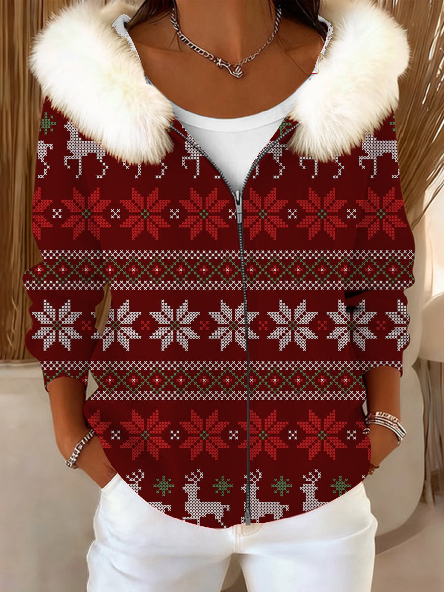 Dámské červené květinové & sob tisk kožešinový obojek bunda