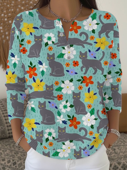 Ženské okouzlující kočka a květinová tisk henley svetr