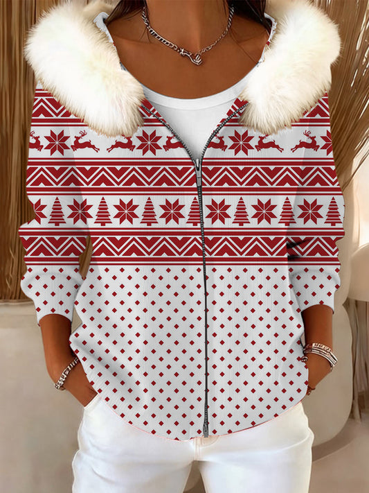 Dámské červené vánoční vzor tisk kožešinový obojek bunda