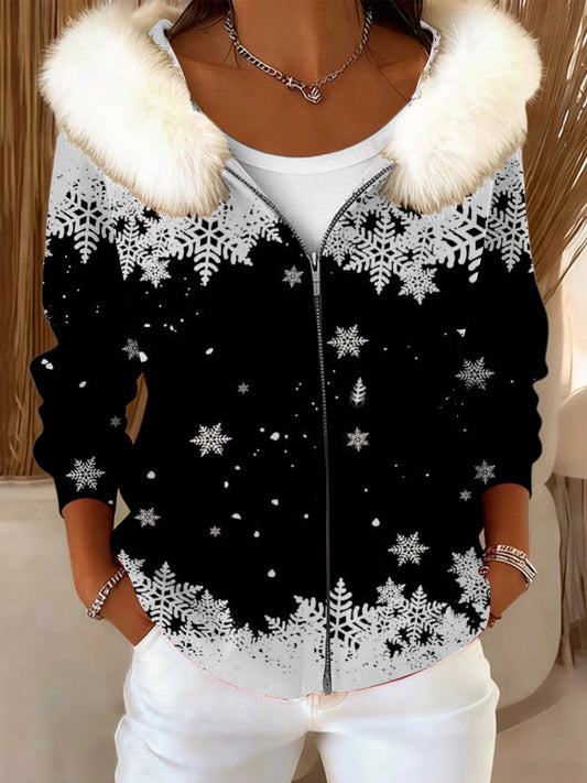 Dámské černé sněhové vločky tisk kožešinový kabát