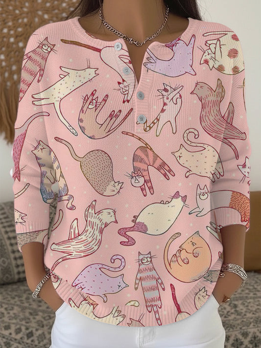 Dámské rozkošné růžové kočky doodle print henley svetr