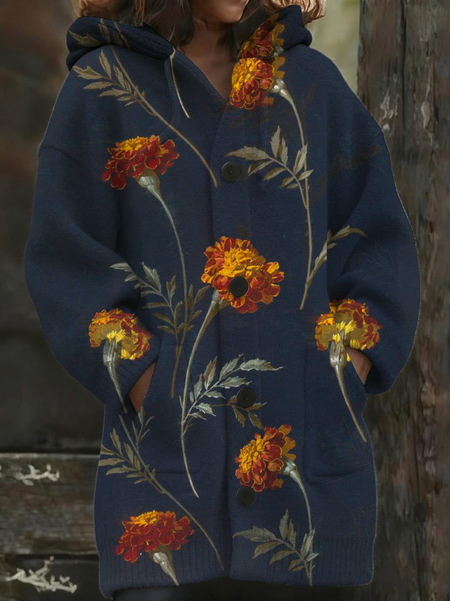 Dámské elegantní květinový tisk s kapucinou dlouhý kabát