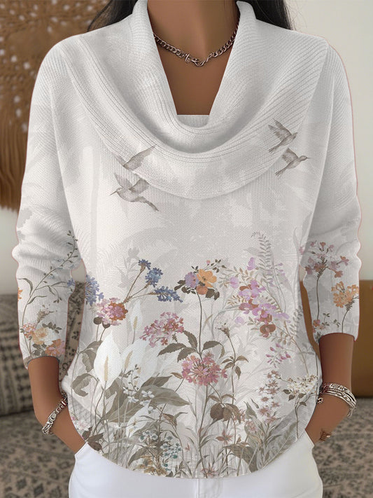 Dámské jemný květinový a ptačí tisk krabice krku svetr