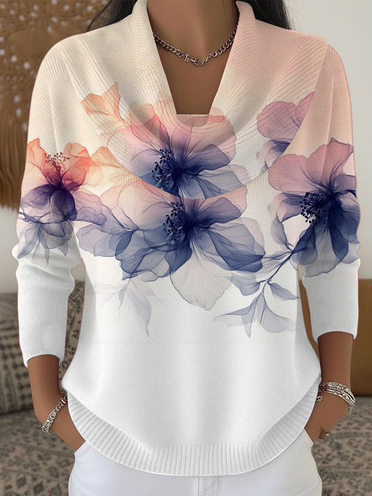 Dámské romantické barevné květinové tisk krabice krku svetr