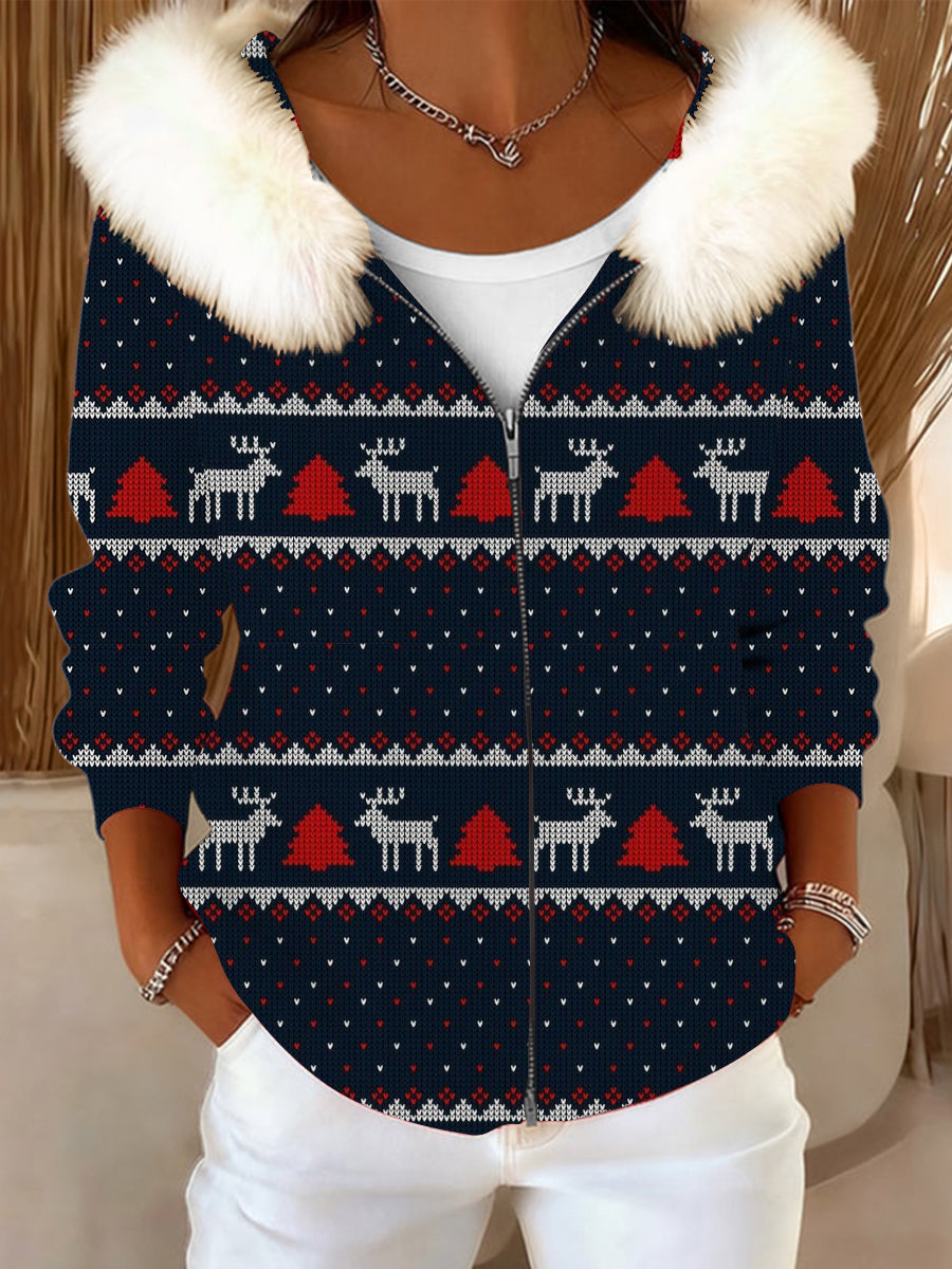 Ženy vánoční slavnostní soby a strom tisk kožešinový obojek bunda