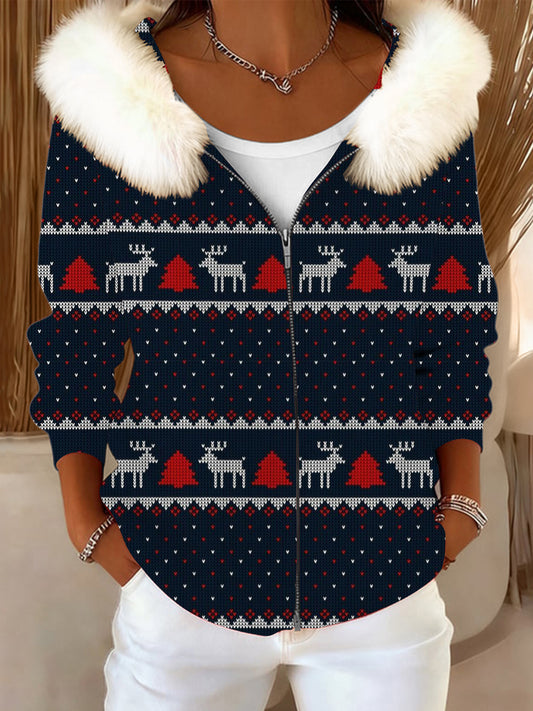 Ženy vánoční slavnostní soby a strom tisk kožešinový obojek bunda