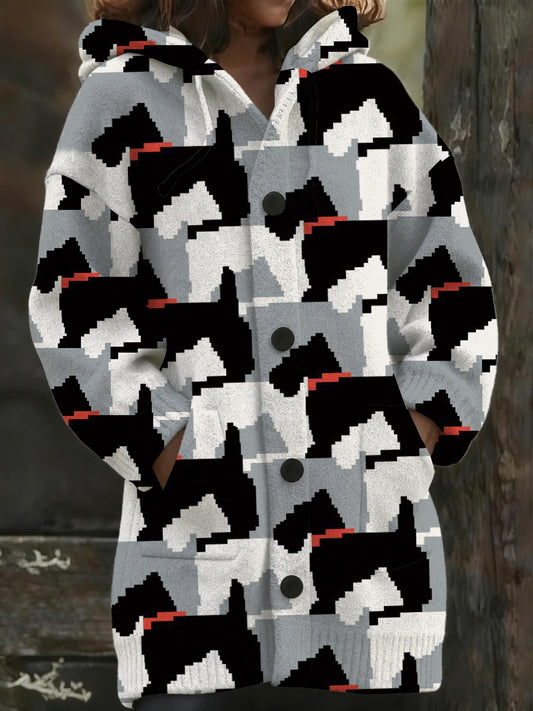 Dámské stylové geometrické psí tisk s kapucinou dlouhý kabát