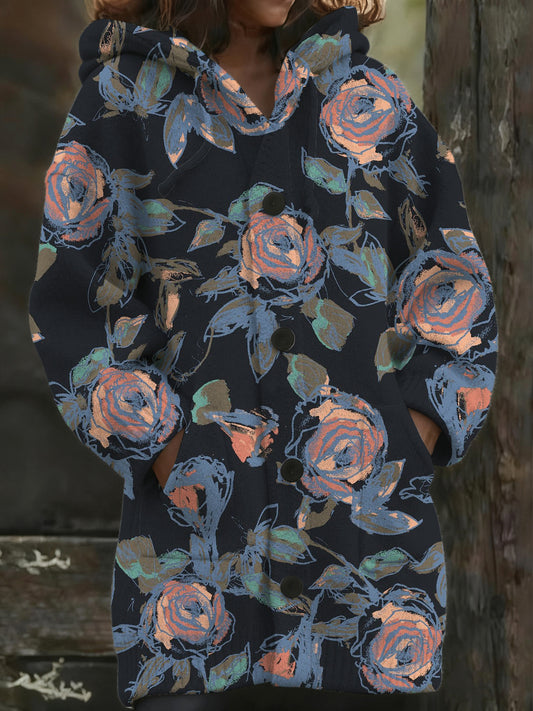 Ženské umělecké růže květinová tisk s kapucinou dlouhý kabát