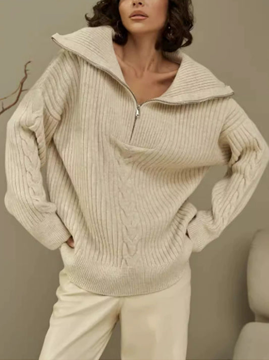 Dámské elegantní béžové halfzip kabelové pletené svetr