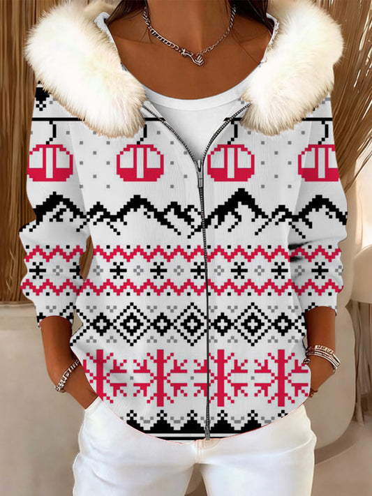 Dámské cool ski lift print fur collar jacket