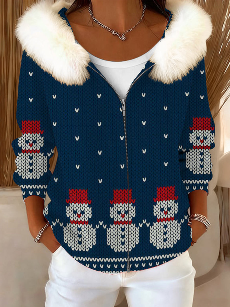 Dámské rozkošné sněhulák tisk kožešinový obojek bunda