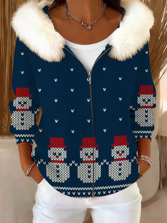 Dámské rozkošné sněhulák tisk kožešinový obojek bunda