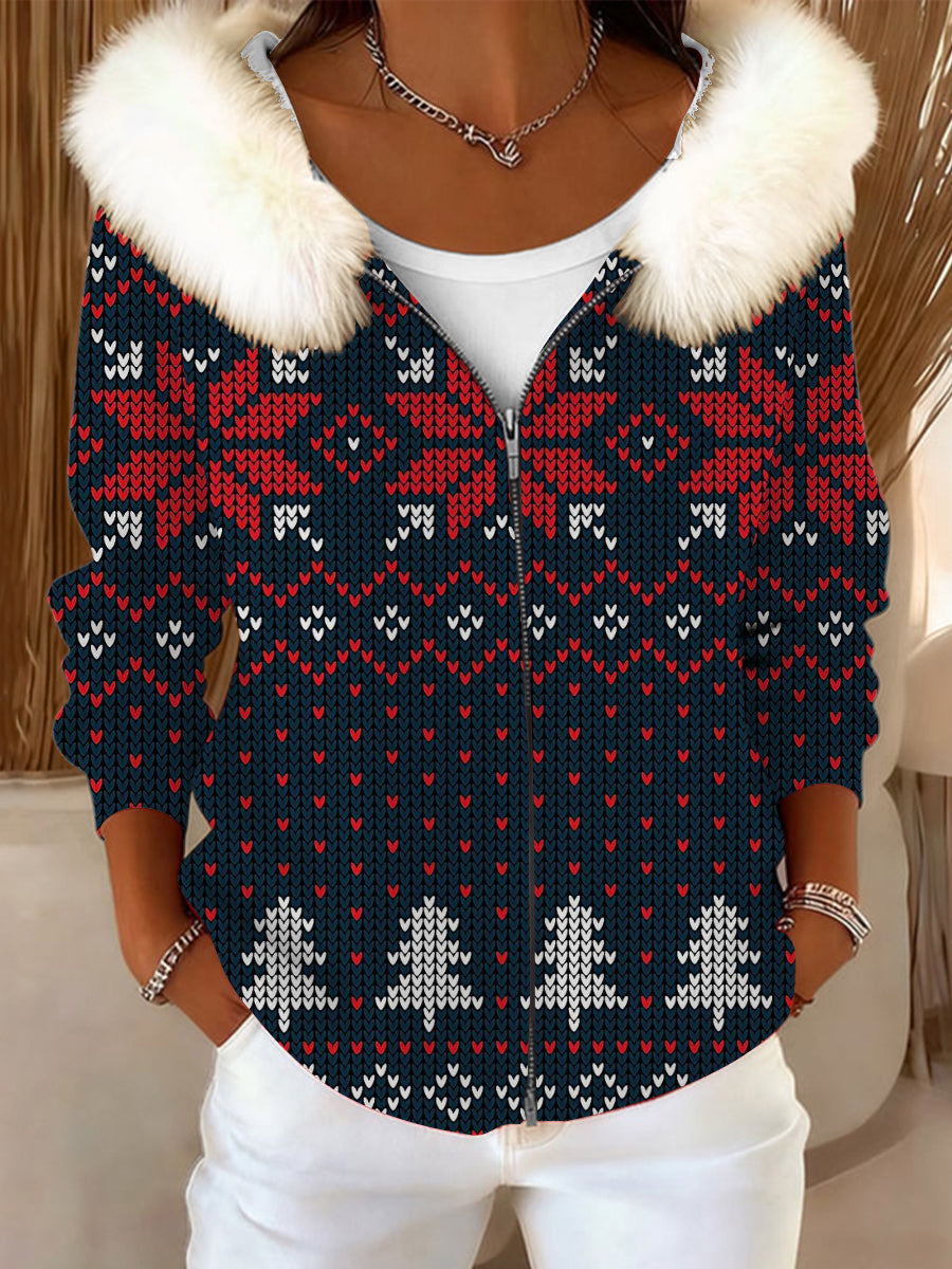 Dámské klasické vánoční stromeček tisk kožešinový obojek bunda