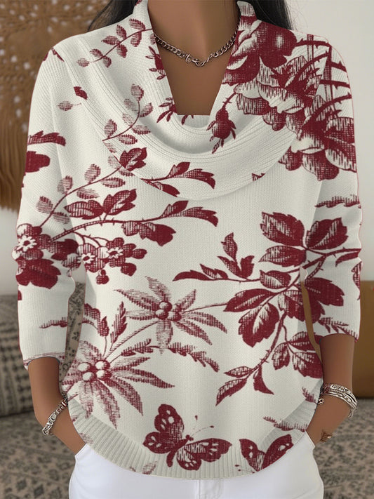 Dámské trhavé červené květiny & motýl tisk krabice krku svetr