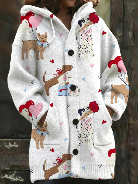 Ženské rozkošný pes a srdce tisk s kapucinou dlouhý kabát