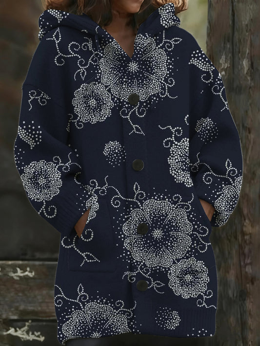 Dámské stylové námořnictvo květinová tisk s kapucinou dlouhý kabát