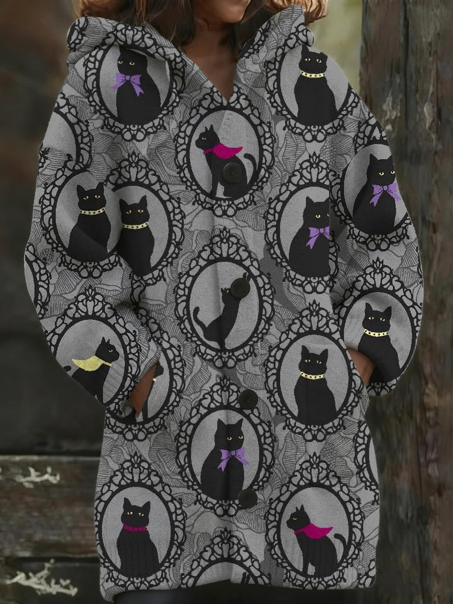 Dámské elegantní černá kočka tisk s kapucinou dlouhý kabát