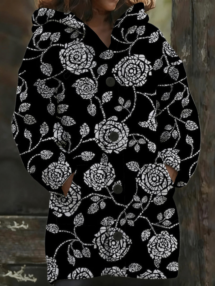 Dámské elegantní černá a bílá růžová tisk dlouhý kabát s kapucinou