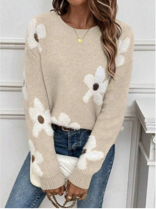 Dámské stylové béžové květinové posádky krku svetr