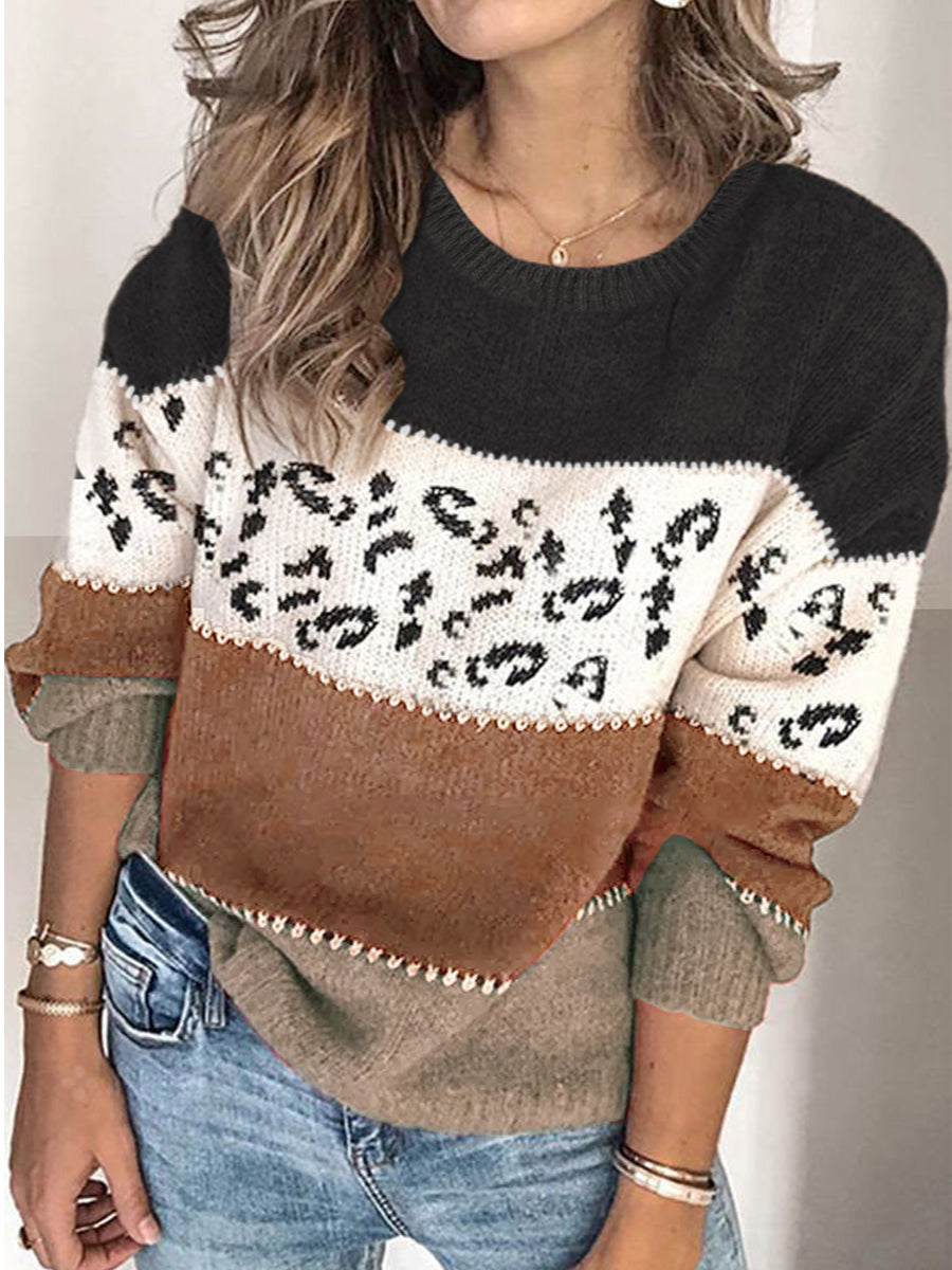 Dámské trendy leopard print barvablok posádky krku svetr