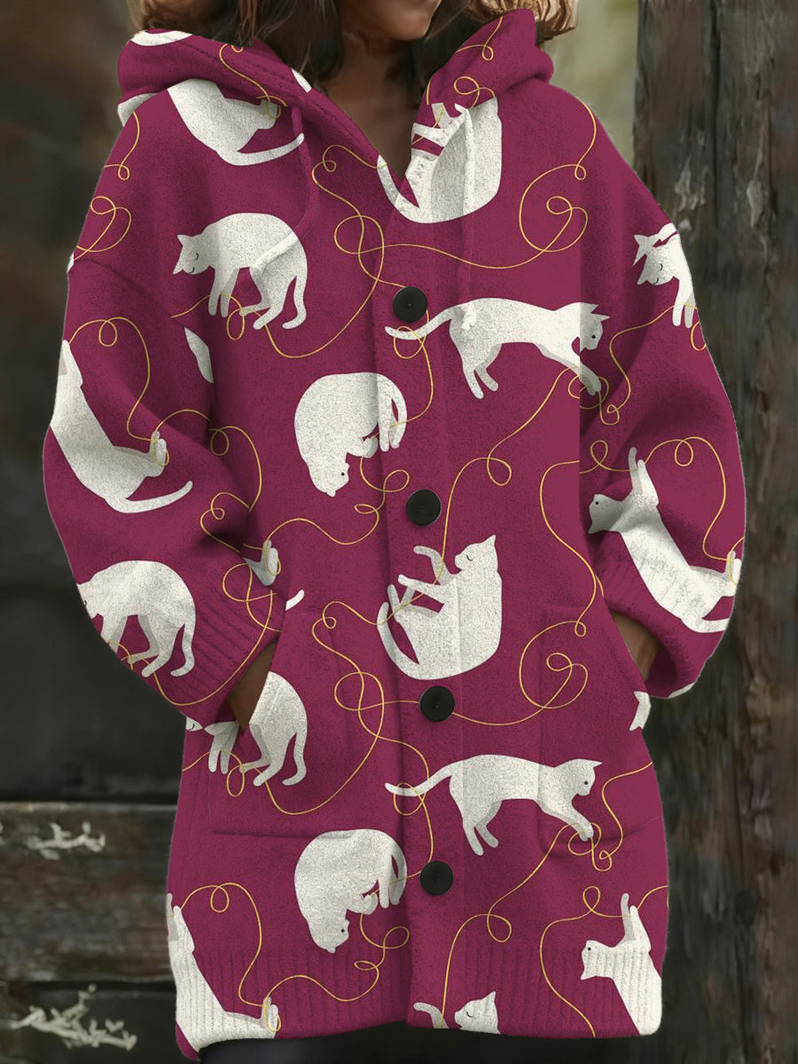 Dámské roztomilé kočky & řetězec tisk s kapucinou dlouhý kabát