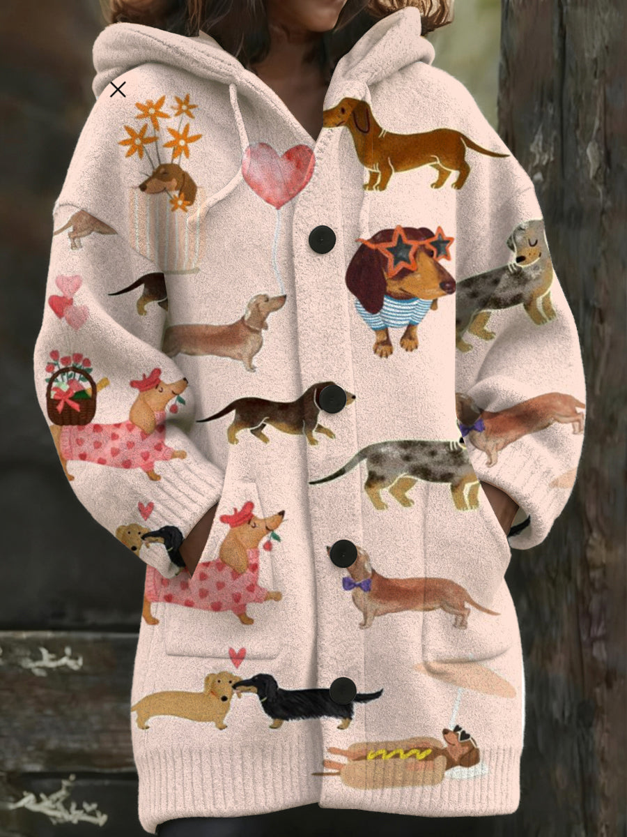 Dámské krásné jezevce tisk s kapucinou dlouhý kabát