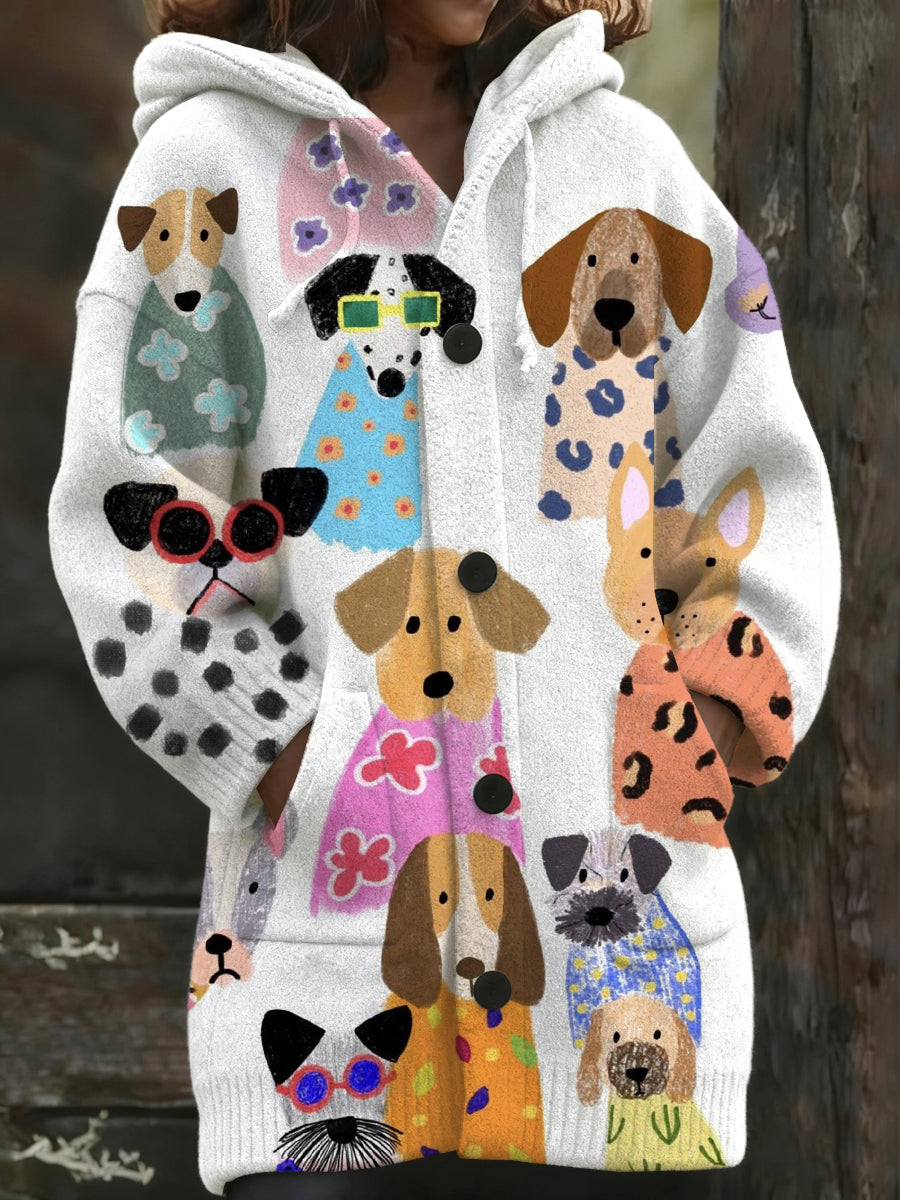 Dámské barevné psí tisk s kapucinou dlouhý kabát