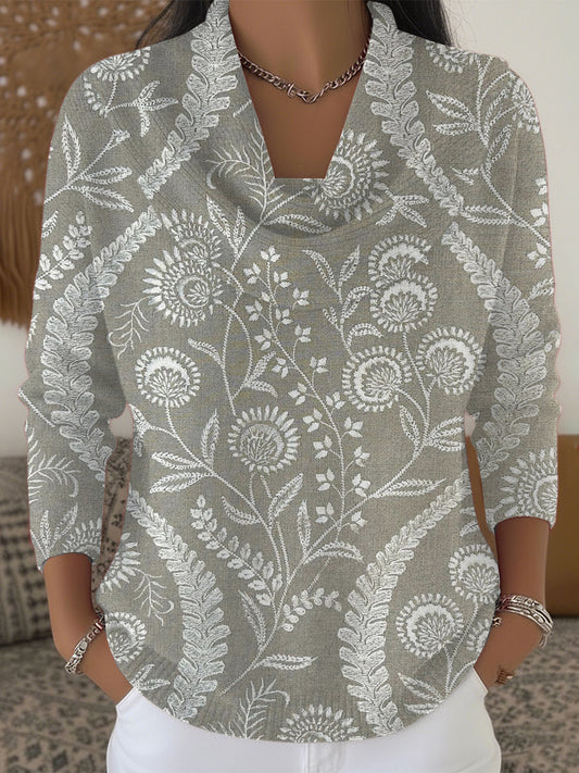 Dámské klasické šedé květinové vyšívání tištěné kápě krku svetr
