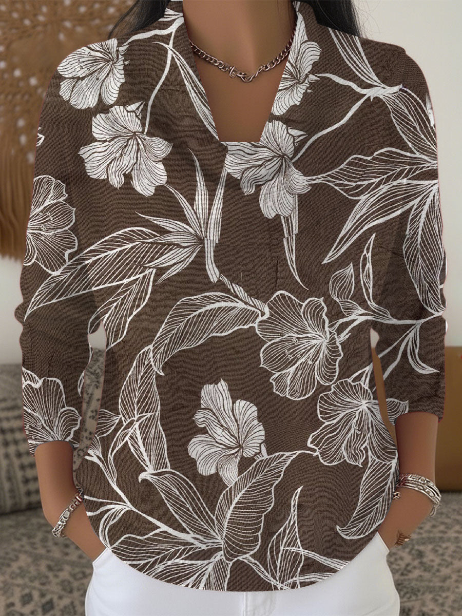 Dámské stylové hnědé květinové linie umělecké tisky krabice krku svetr