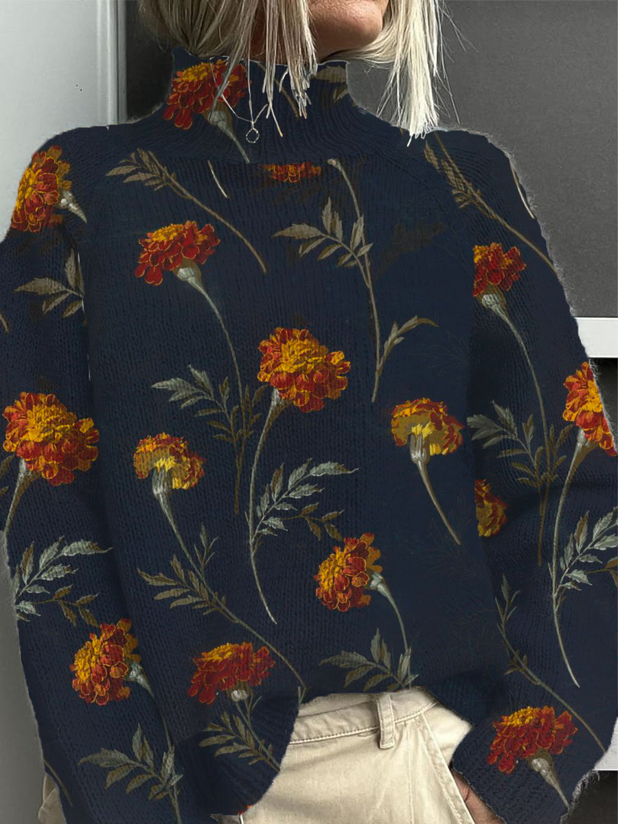Ženské vibrant marigold květinová tisk mock neck svetr