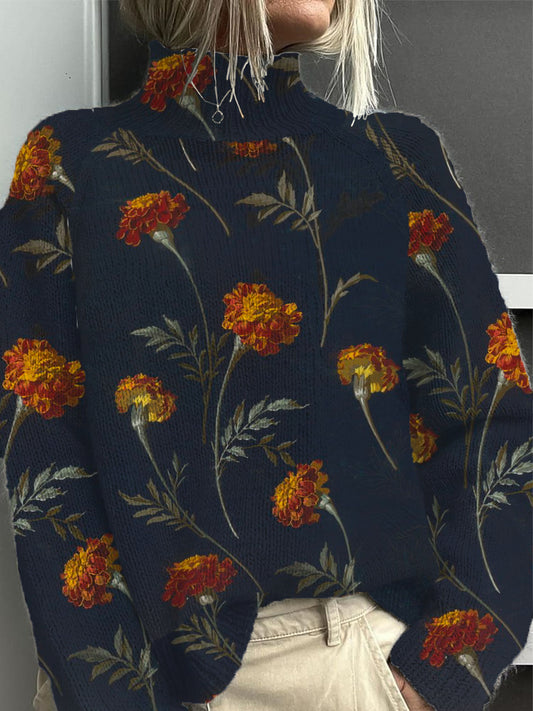Ženské vibrant marigold květinová tisk mock neck svetr