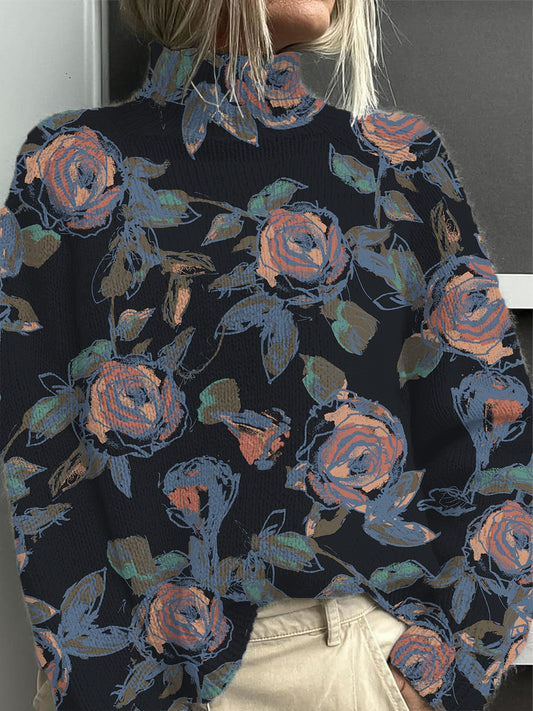 Ženské umělecké růže květinová tisk mock neck svetr