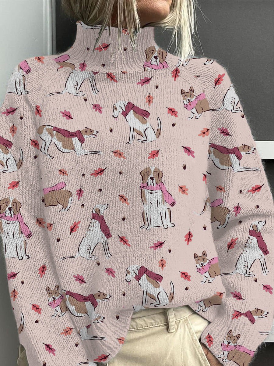 Dámské krásné podzim pes & list tisk mock neck svetr