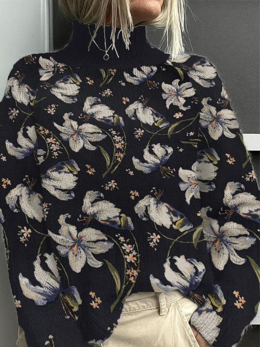 Dámské elegantní lilie květinová tisk mock neck svetr