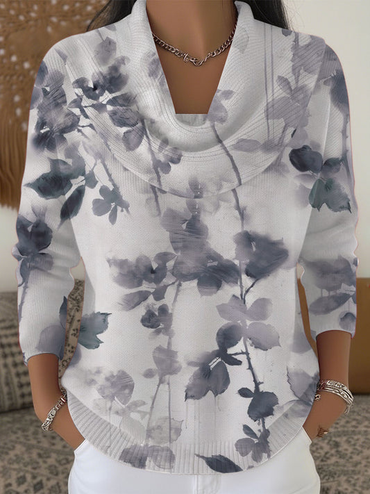 Dámské umělecké šedé listy tisk krabice krku svetr