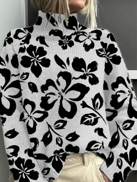 Dámské odvážné černé a bílé květinové tisk mock neck svetr